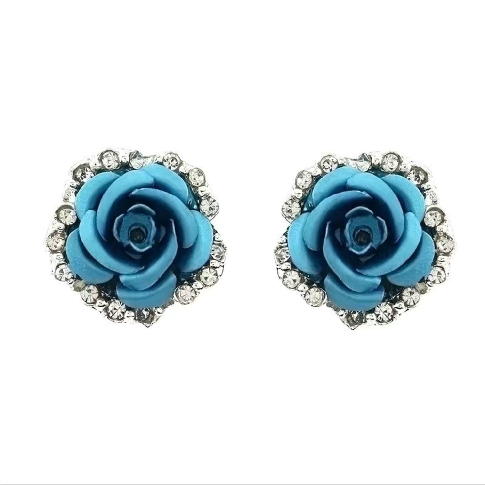 Iridescent Turquoise Blue Rose Flower Stud Earrings